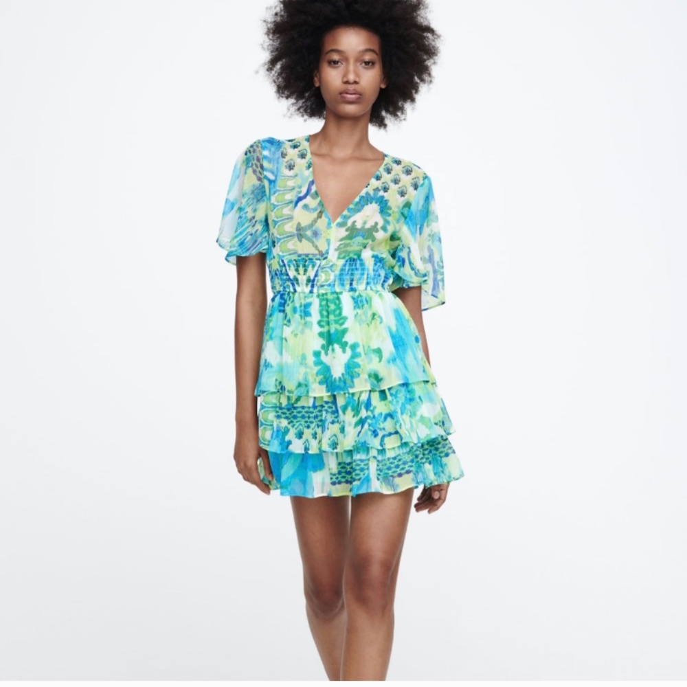 Zara Ruffled Blue Green Mini Dress Women's size XS